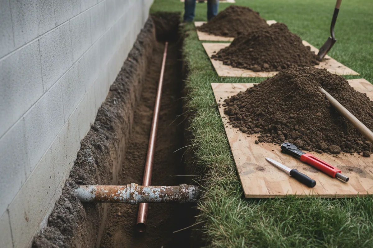 Excavated water line trench during Water Softener Installation in Winfield